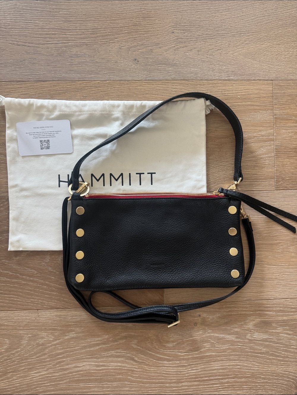 Hammitt Black Kyle Small Leather Crossbody with Gold Stud Accents and Red Zip
